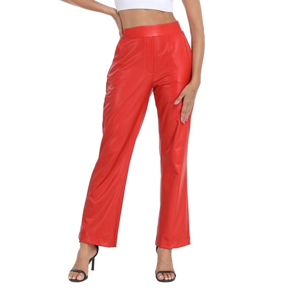 HDE Women's Pull On Faux Leather Kick Flare Pants with Pockets Red - L