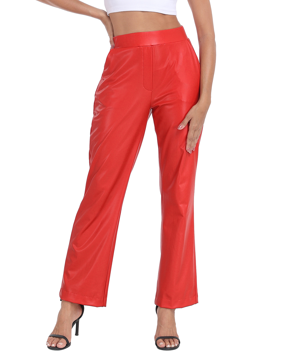 HDE Women's Pull On Faux Leather Kick Flare Pants with Pockets Red - S
