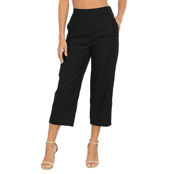 HDE Women's Pull On Linen Capri Cropped High Waisted Pants Black - L
