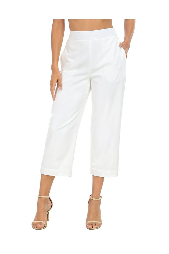Women's Pull On Linen Capri Cropped High Waisted Pants White - S