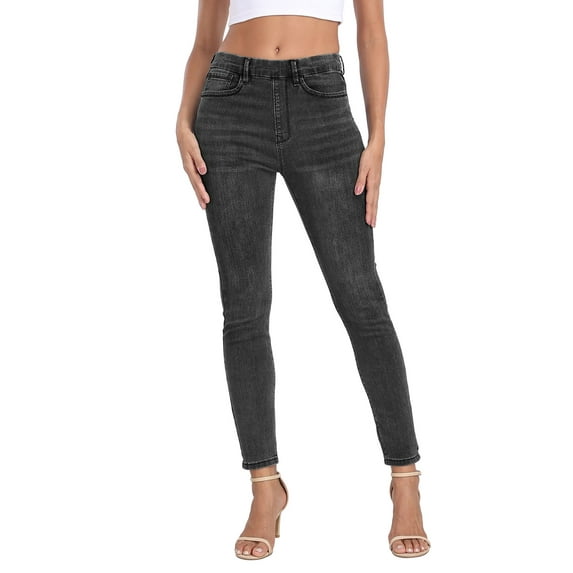HDE Women's Pull On Skinny Jeans High Waisted Stretch Denim Jegging with Pockets Black - M