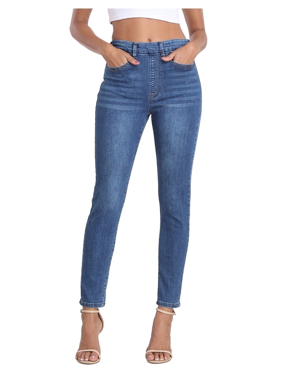 Women's Pull On Skinny Jeans High Waisted Stretch Denim Jegging with Pockets Blue - XL