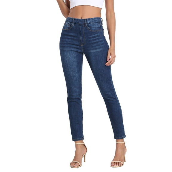 HDE Women's Pull On Skinny Jeans High Waisted Stretch Denim Jegging with Pockets Dark Blue - S