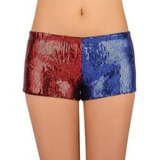 HDE Women's Red and Blue Metallic Sequin Booty Shorts For Harley Misfit Halloween Costume (Blue and Red, Small)