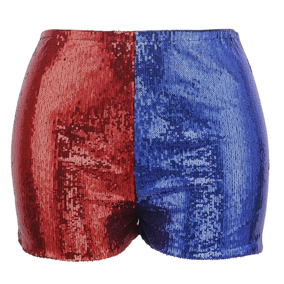 HDE Women's Red and Blue Metallic Sequin Booty Shorts for Harley Misfit Halloween Costume (Red and Blue, 1X)