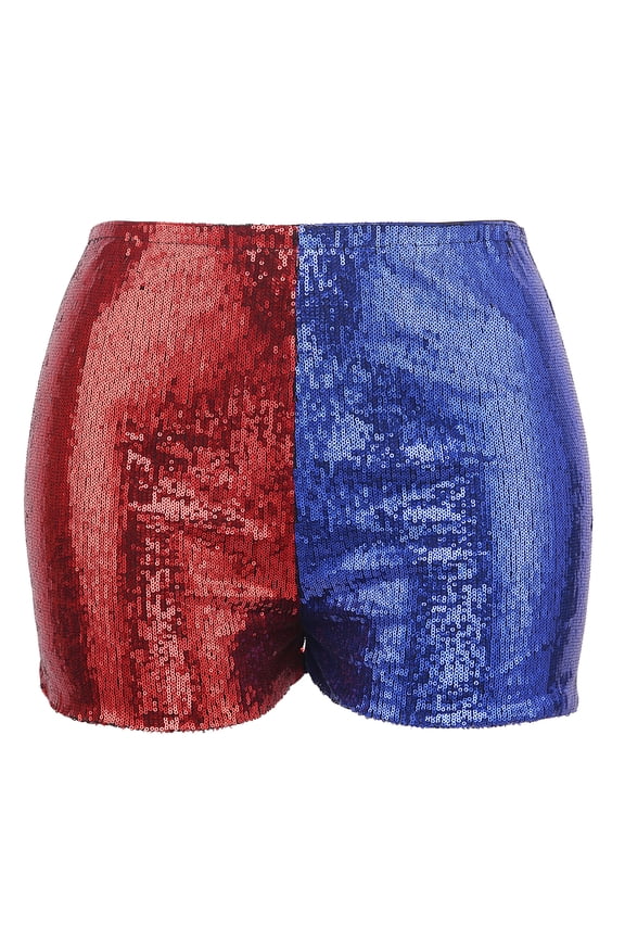 Women's Red and Blue Metallic Sequin Booty Shorts for Harley Misfit Halloween Costume (Red and Blue, 1X)