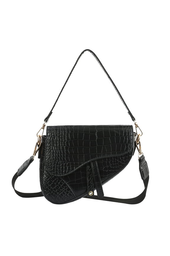 Women's Saddle Shoulder Bag PU Leather Crossbody Purse - Black Crocodile