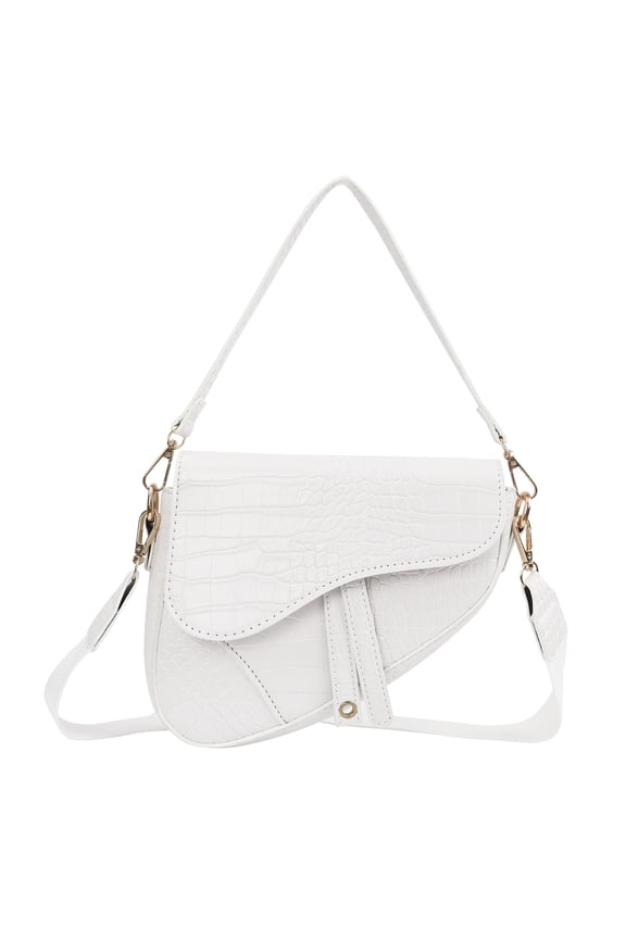 Women's Saddle Shoulder Bag PU Leather Crossbody Purse - White Crocodile