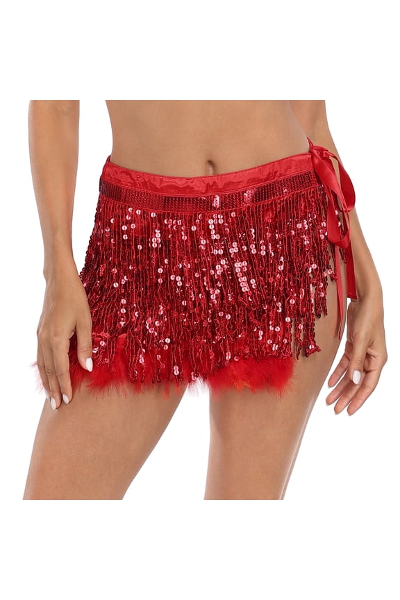 Women's Sequin Tassel Fringe Skirt Fur Trim Hip Scarf Red XS-S