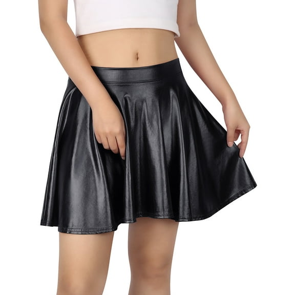 HDE Women's Shiny Liquid Metallic Wet Look Flared Pleated Skater Skirt Black S
