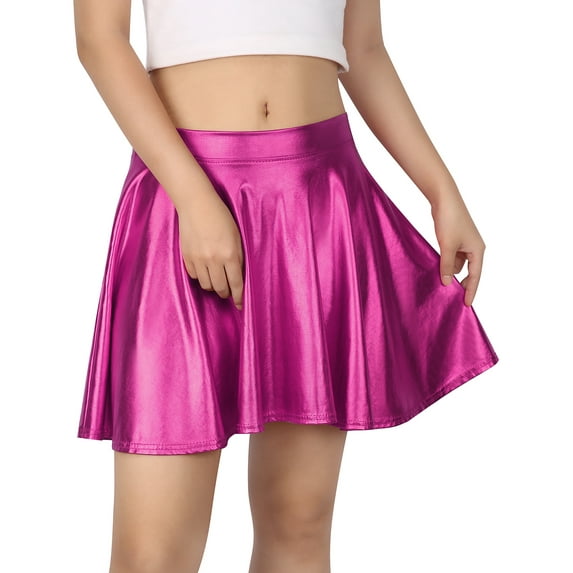 HDE Women's Shiny Liquid Metallic Wet Look Flared Pleated Skater Skirt Hot Pink L