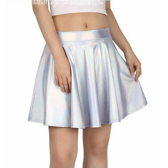 HDE Women's Shiny Liquid Metallic Wet Look Flared Pleated Skater Skirt (Purple, Medium)