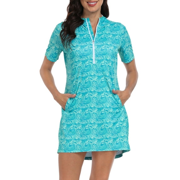 HDE Women's Short Sleeve UPF 50 Beach Coverup Dress with Hood Ocean Swirl S