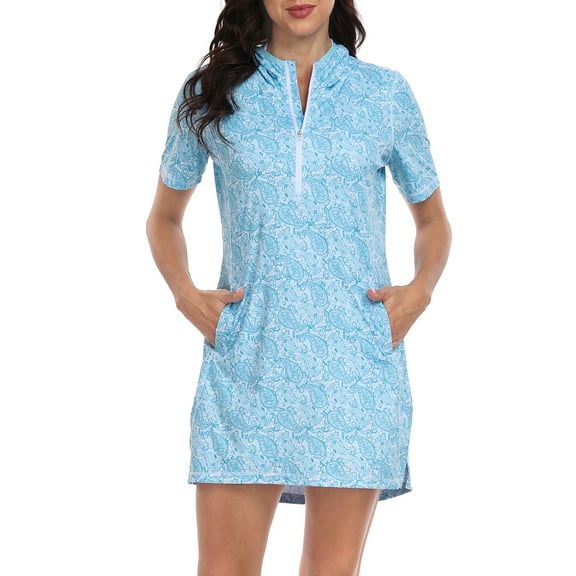 HDE Women's Short Sleeve UPF 50 Beach Coverup Dress with Hood Teal Paisley XXL