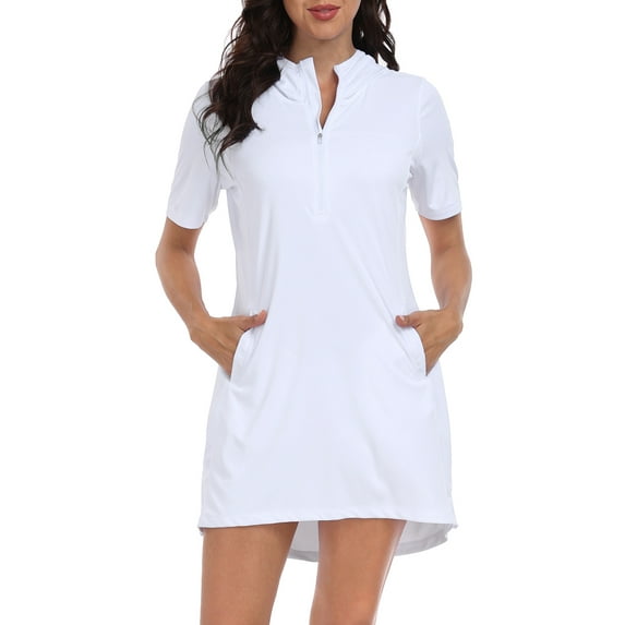 HDE Women's Short Sleeve UPF 50 Beach Coverup Dress with Hood White S
