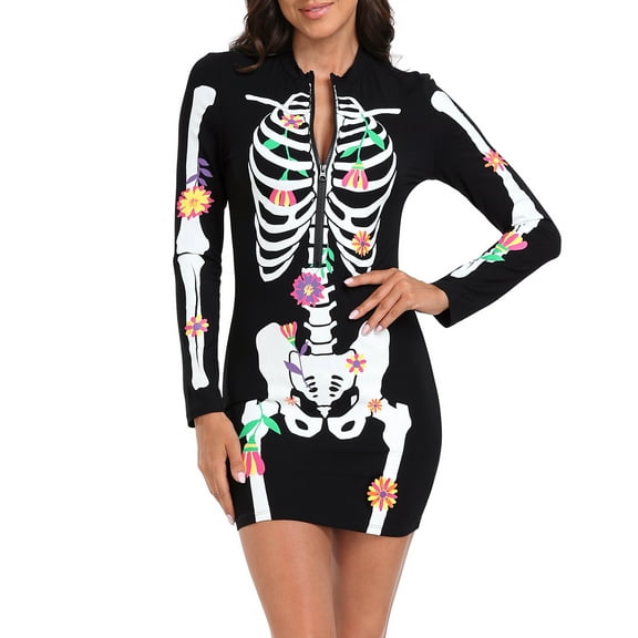 HDE Women's Skeleton Dress Halloween Costume Long Sleeve Mini Dress Day of The Dead Floral S