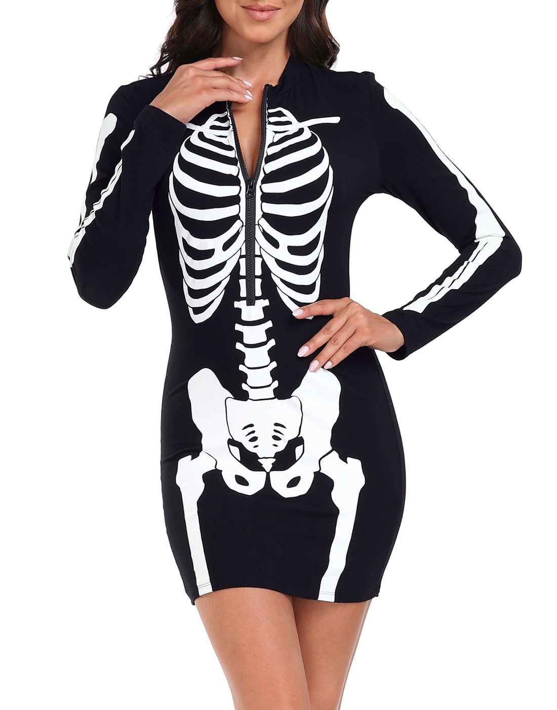 HDE Women's Skeleton Dress Halloween Costume Long Sleeve Mini Dress