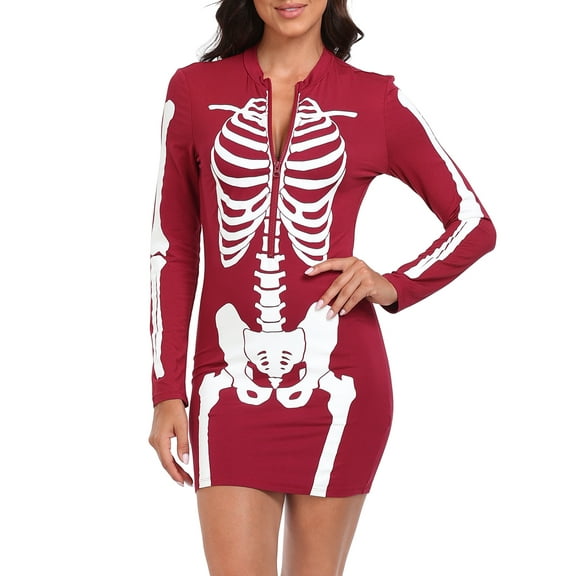 HDE Women's Skeleton Dress Halloween Costume Long Sleeve Mini Dress Red L
