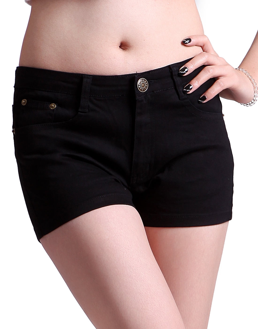 HDE Women's Solid Color Ultra Stretch Fitted Low Rise Moleton Denim Booty  Shorts Black X-Small 