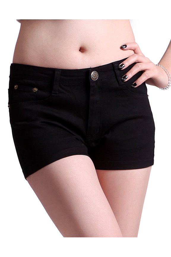 Women's Solid Color Ultra Stretch Fitted Low Rise Moleton Denim Booty Shorts Black X-Small
