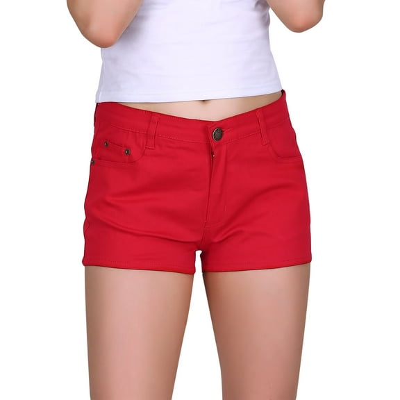 HDE Women's Solid Color Ultra Stretch Fitted Low Rise Moleton Denim Booty Shorts Red Large