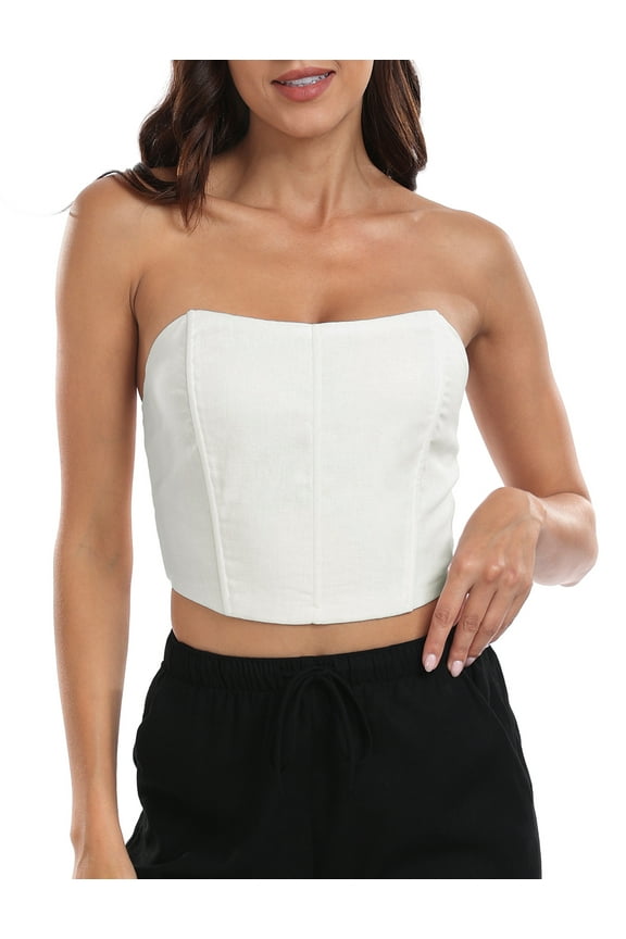 Women's Strapless Linen Corset Crop Top Bustier Body Shaper White XXL