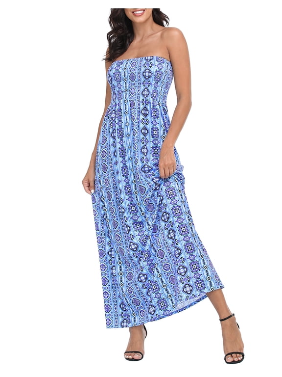 Women's Strapless Maxi Dress Bohemian Sundress Beach Boho L