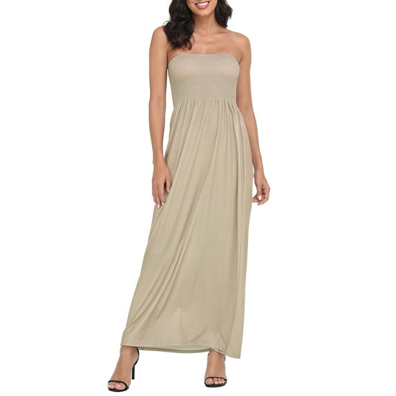 HDE Women's Strapless Maxi Dress Bohemian Sundress Beige L