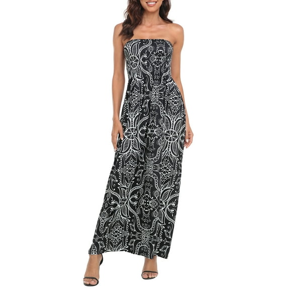 HDE Women's Strapless Maxi Dress Bohemian Sundress Black Abstract L