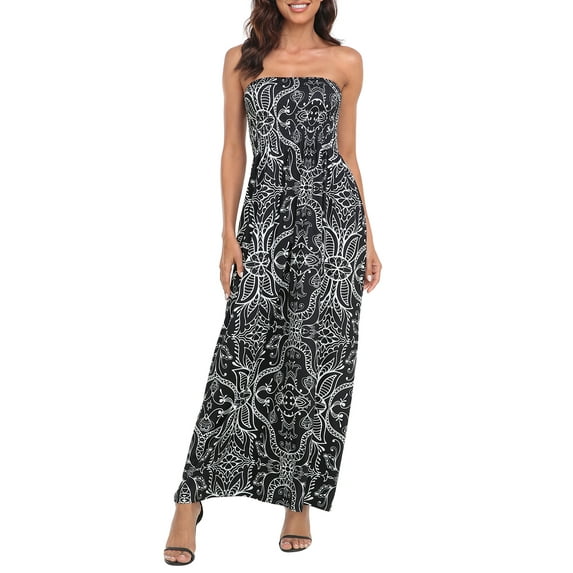 HDE Women's Strapless Maxi Dress Bohemian Sundress Black Abstract L