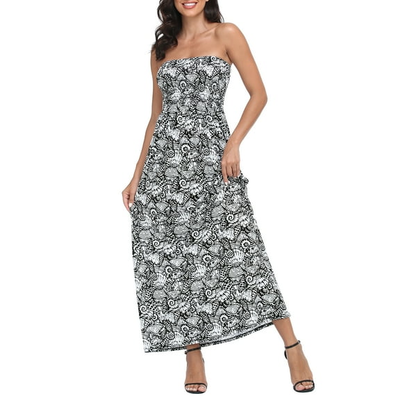 HDE Women's Strapless Maxi Dress Bohemian Sundress Black Seashells 2X