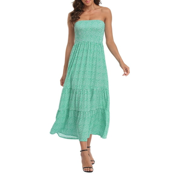 HDE Women's Strapless Maxi Dress Bohemian Sundress Ditsy Green Floral Ruffle L-XL