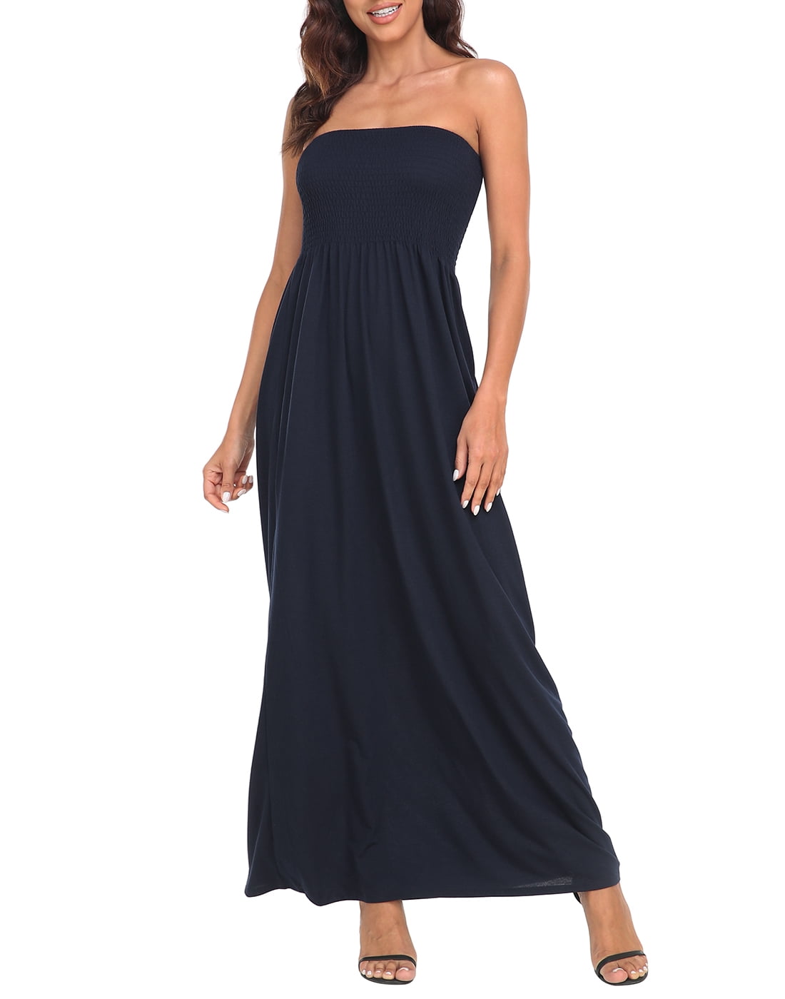 Hde Women's Strapless Maxi Dress Bohemian Sundress Navy L, Size: Large, Blue