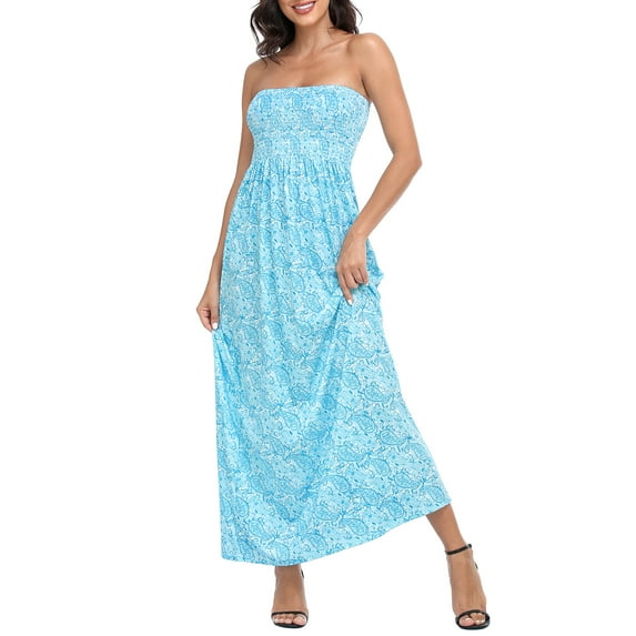 HDE Women's Strapless Maxi Dress Bohemian Sundress Teal Paisley S