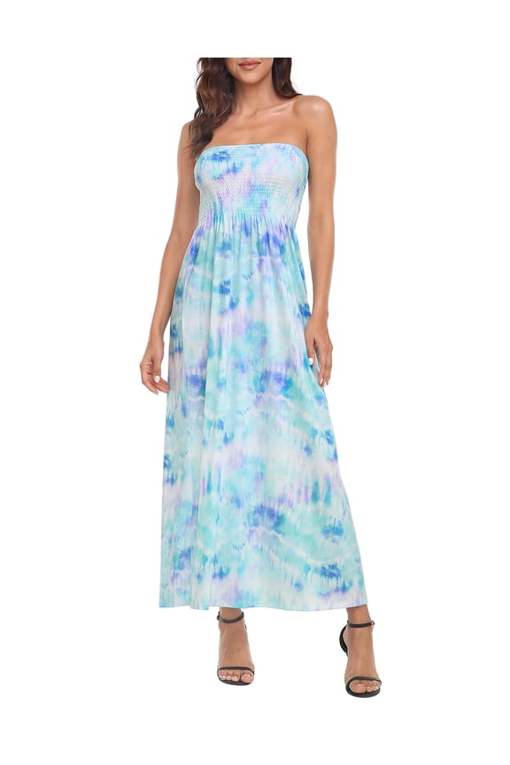 Women's Strapless Maxi Dress Bohemian Sundress Tie Dye S