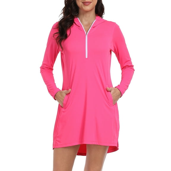HDE Women's Swimwear Cover Up Dress Long Sleeve Tunic Hot Pink L