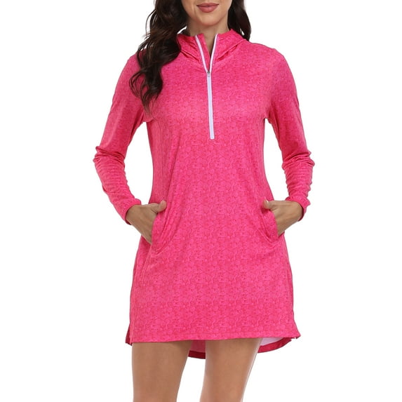 HDE Women's Swimwear Cover Up Dress Long Sleeve Tunic Hot Pink Seashells XL