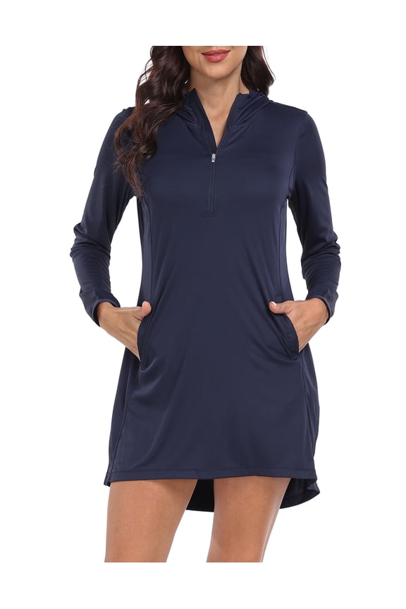 Women's Swimwear Cover Up Dress Long Sleeve Tunic Maritime Navy Blue M