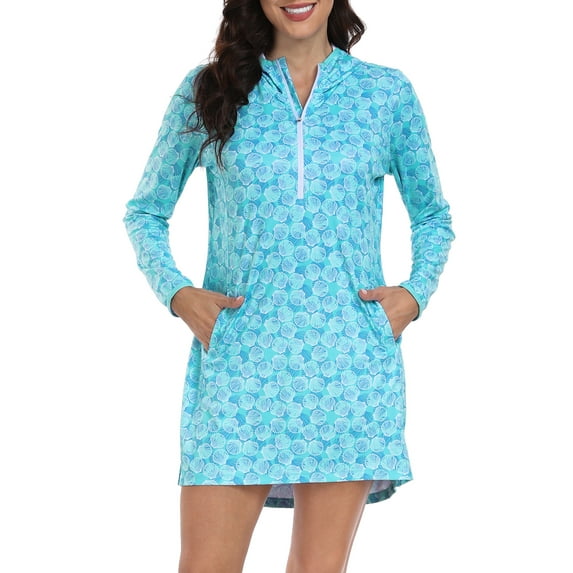 HDE Women's Swimwear Cover Up Dress Long Sleeve Tunic Ocean Mist Seashells XL