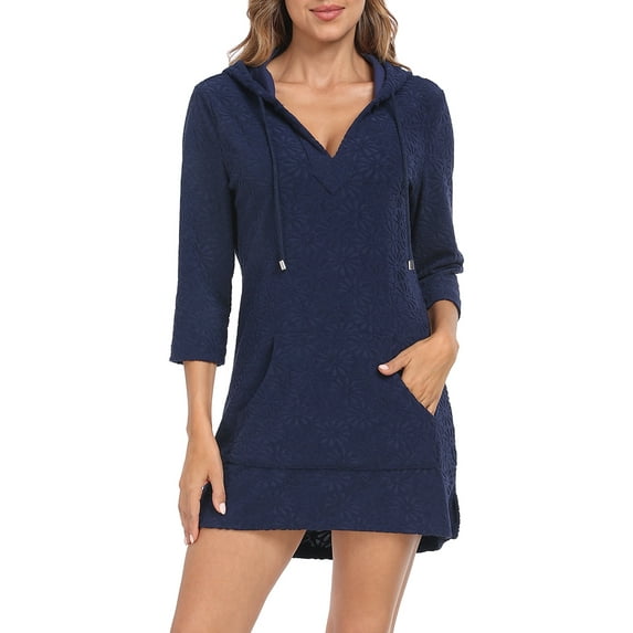 HDE Women's Terry Cloth Beach Cover Up Tunic Dress with Hood Maritime Navy Blue - S