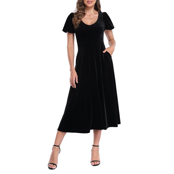 HDE Women's Velvet Midi V Neck Short Sleeve Dress with Pockets