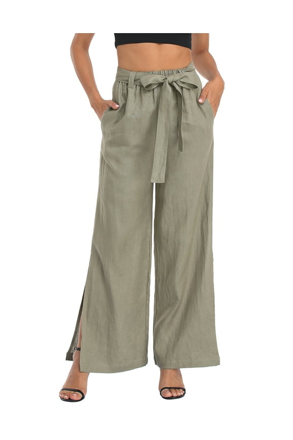 Women's Wide Leg Linen Palazzo Pants with Pockets Sage Green - XL