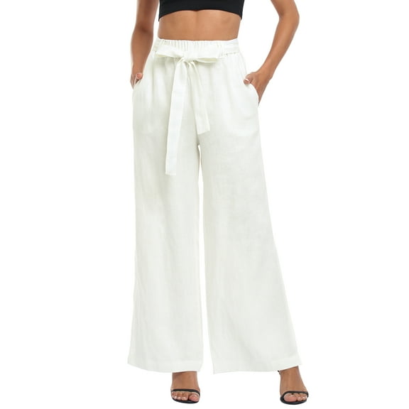 HDE Women's Wide Leg Linen Palazzo Pants with Pockets White - XXL