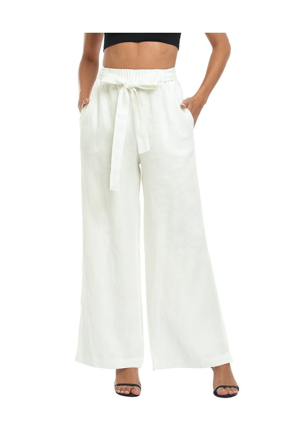 Women's Wide Leg Linen Palazzo Pants with Pockets White - XXL