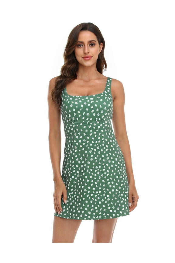 Women Workout Dress Built in Shorts Sleeveless Athletic Sport Dress Green Ditsy w/Bra Floral M
