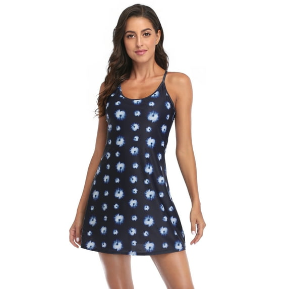 HDE Women Workout Dress Built in Shorts Sleeveless Athletic Sport Dress Navy Tie Dye XXL
