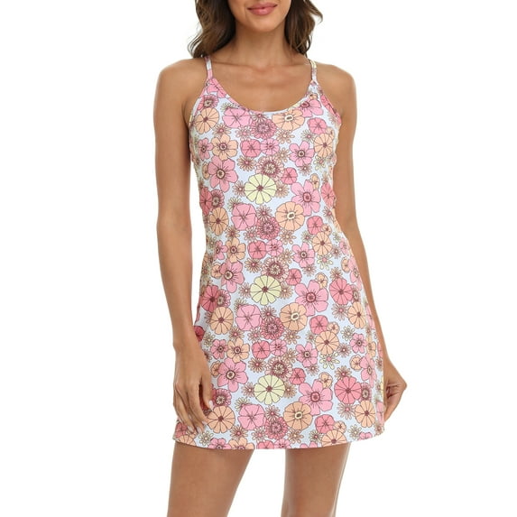 HDE Women Workout Dress Built in Shorts Sleeveless Athletic Sport Dress Retro Floral M