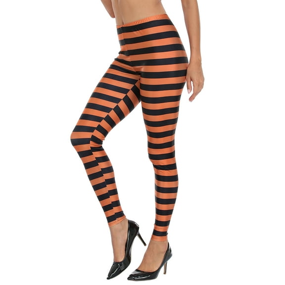 HDE Womens Funny Printed Leggings Digital Print Footless Stretchy Tights Black & Orange M