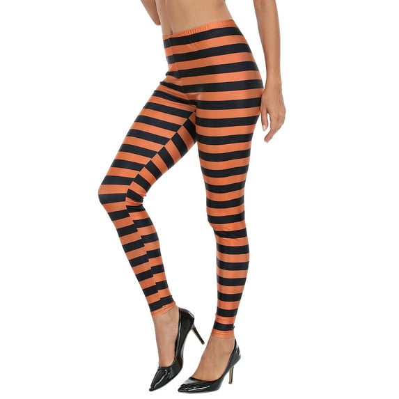 HDE Womens Funny Printed Leggings Digital Print Footless Stretchy Tights Black & Orange M