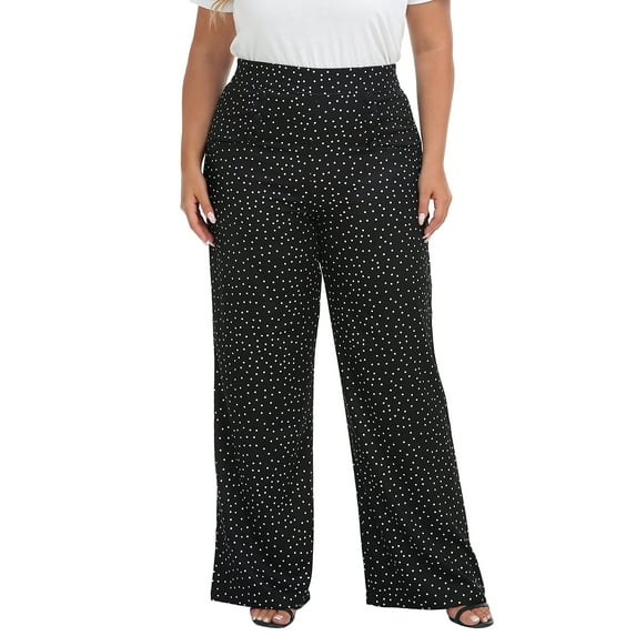 HDE Womens High Waisted Dress Pants Long Wide Leg Palazzo Trouser Tall S-Plus Black Polka Dot 1X